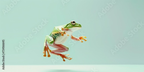 green frog jumping up in the air on the light green pastel background photo