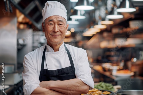 middle aged chinese chef in a restaurant kitchen smiling portrait