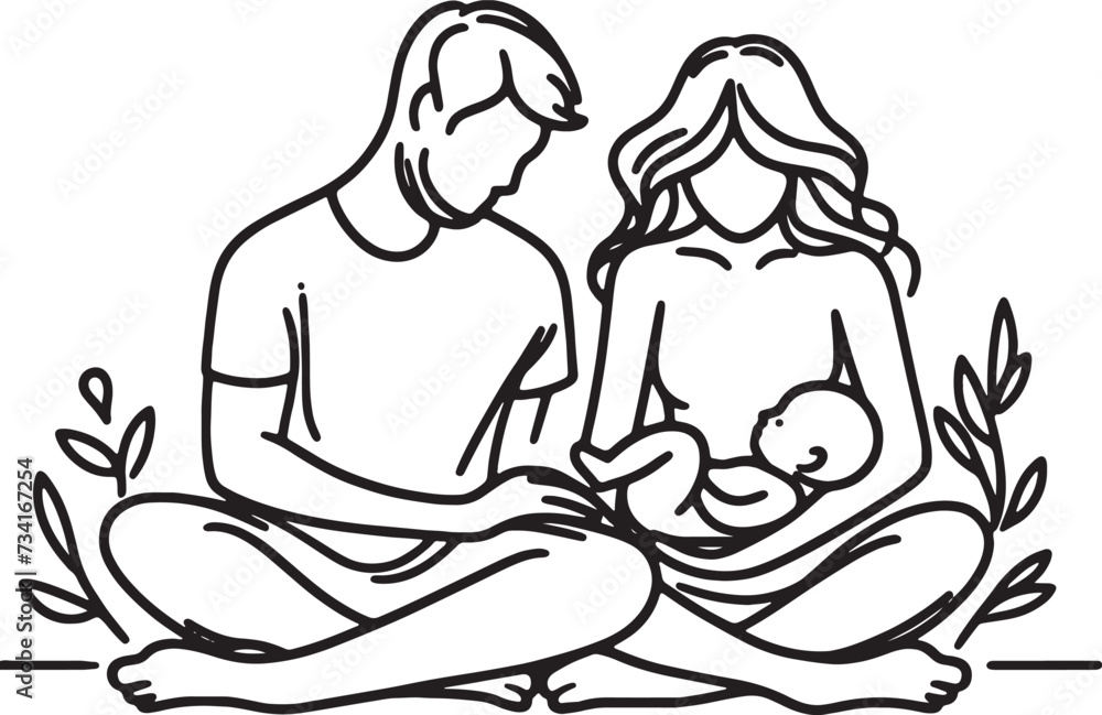 Mom holds newborn baby one lineart, motherhood concept illustration vector Mom holds newborn baby one lineart, motherhood concept illustration vector