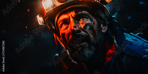 Mineur avec un casque et une lampe frontal rampant au fond de la mine photo