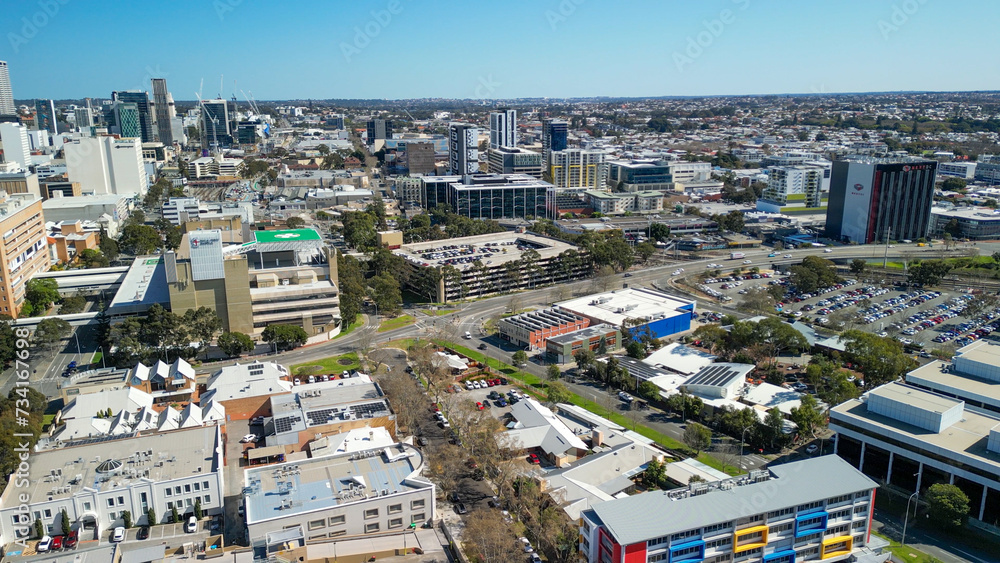 Skyline of Perth from a drone viewpoint. Downtown aerial view on a beautiful day