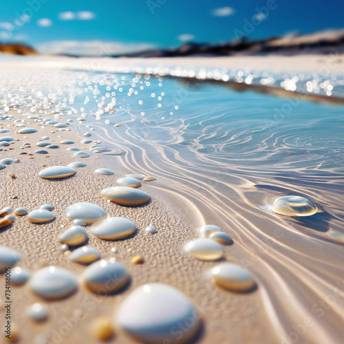 The image depicts a shallow stream of water on a sandy beach. ai generative