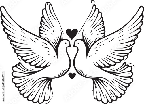 dove of peace, wedding pigeons in love, black and white vector graphics