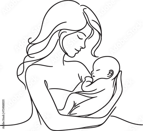 Mom holds newborn baby one lineart, motherhood concept illustration vector