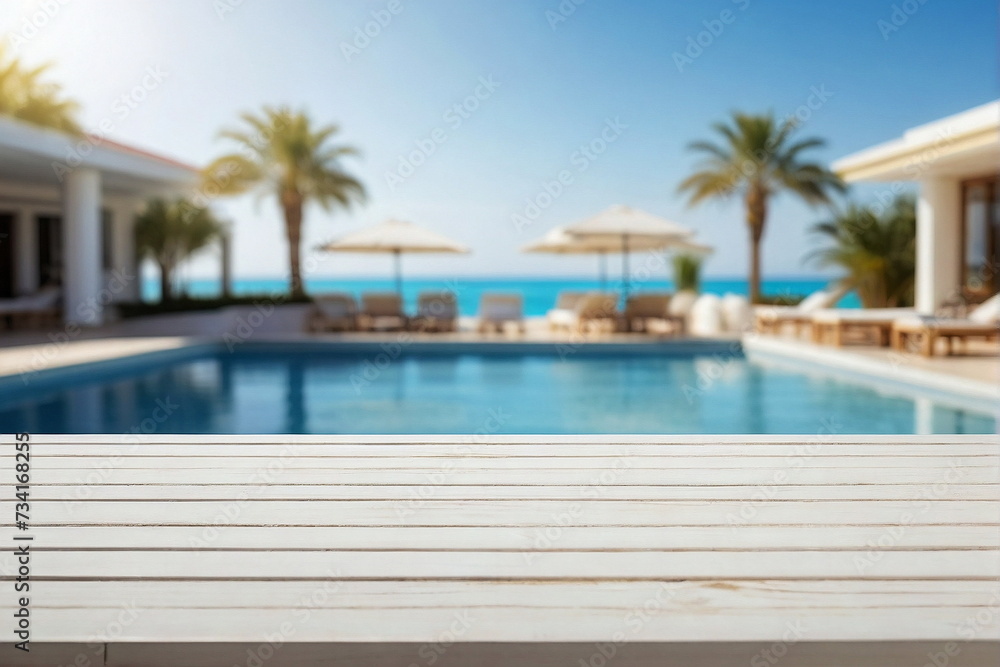 White wooden empty podium, product presentation , visual layout on summer travel hotel swimming pool background. Copy space