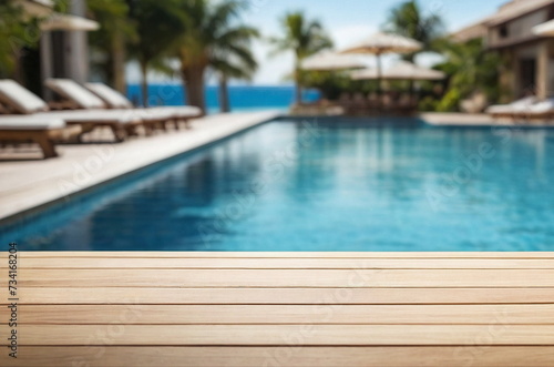 White wooden empty podium  product presentation   visual layout on summer travel hotel swimming pool background. Copy space