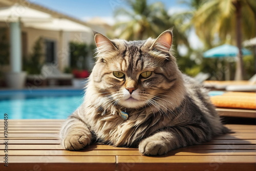 Cute cat on relaxation nea swimmpool in tropical paradise. summer relax vibes . Funny animals.