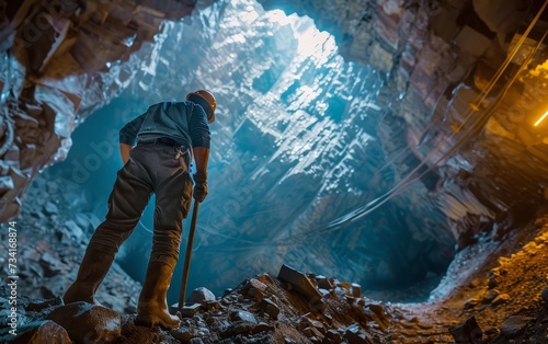 Miner pausing to overlook the expanse of a sprawling mine shaft.