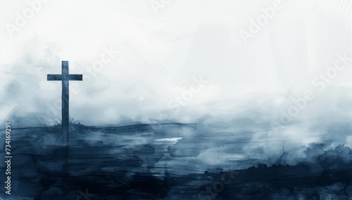 a cross sits on the ground near the fog Generative AI