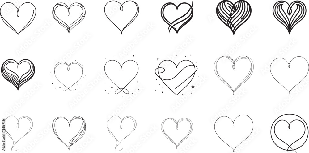 heart shaped balloons, love minimalist hearts set black and white vector graphics
