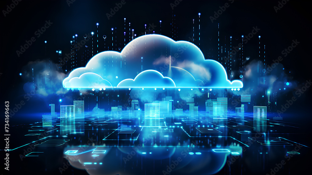   Futuristic motion of digital data flow. Digital informational technology web hologram with cloud iconcloud computing. Creative glowing blue cloud computing and online banking hologram.