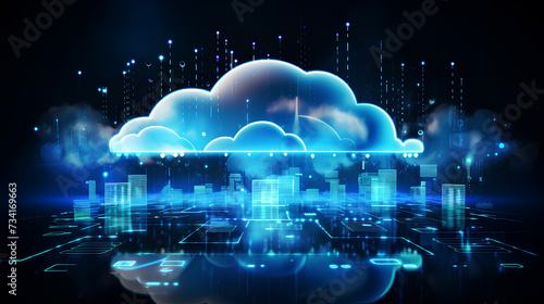 Futuristic motion of digital data flow. Digital informational technology web hologram with cloud iconcloud computing. Creative glowing blue cloud computing and online banking hologram.