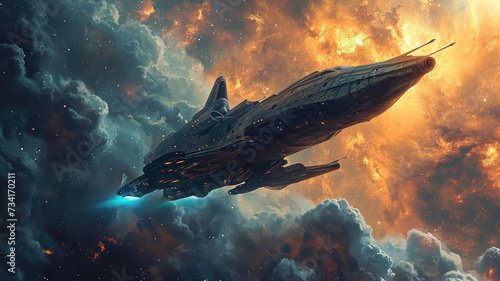 digital art spaceship flying in interstellar space photo