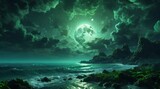 landscape fantasy of a green moon at the night in middle of the sea