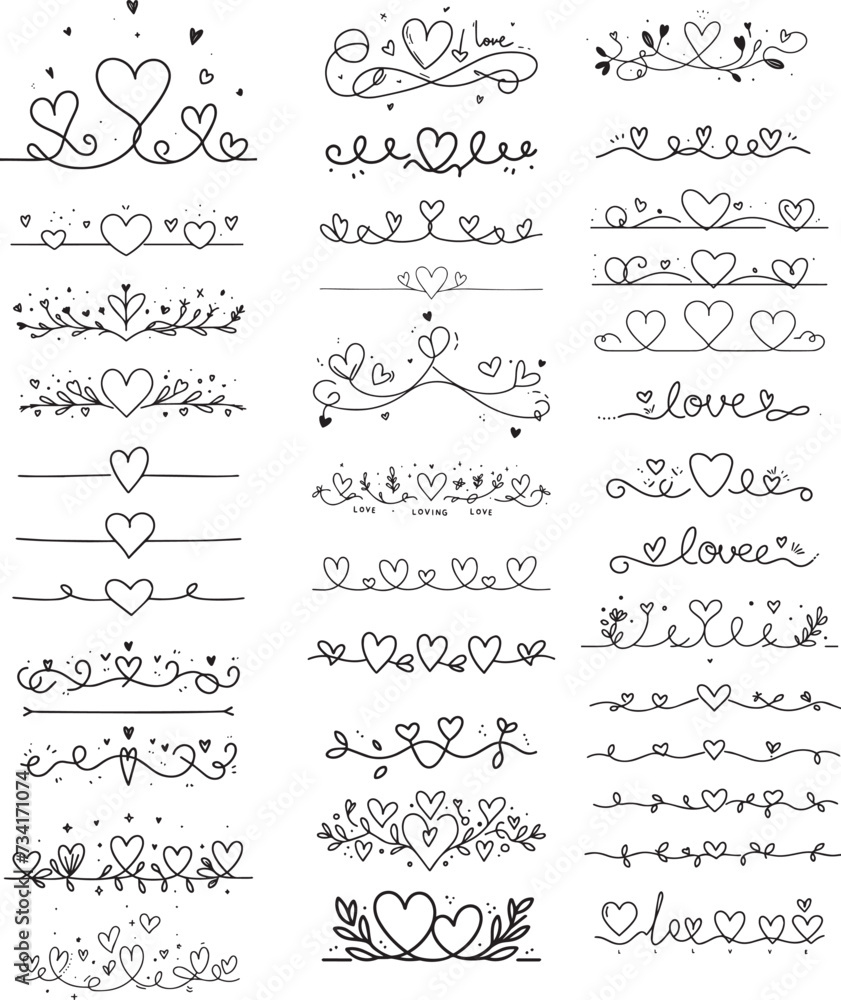 calligraphic design elements, Super big collection of hand drawn text dividers love hearts. Vector calligraphic lines, vintage borders and wedding laurels. Vector isolated floristic element