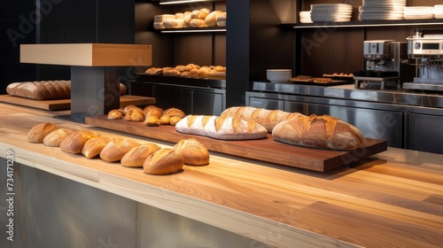 freshly baked artisanal bread arranged on a polished wooden counter, inviting viewers to savor the craftsmanship and flavor.