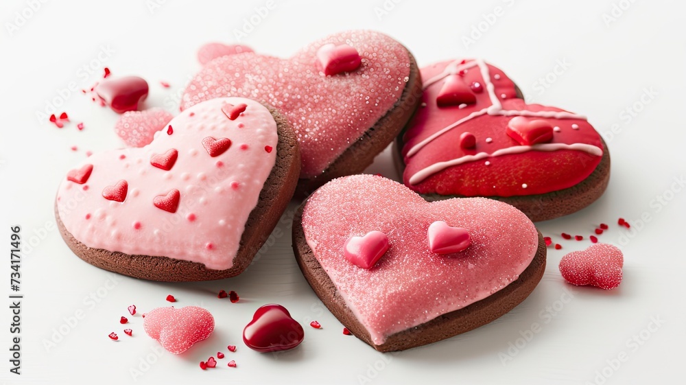 an array of themed candies and heart-shaped cookies, delicately embellished with pink and red icing, sparkling with edible glitter against a pristine white background. an array of themed candies and heart-shaped cookies, delicately embellished with pink and red icing, sparkling with edible glitter against a pristine white background.