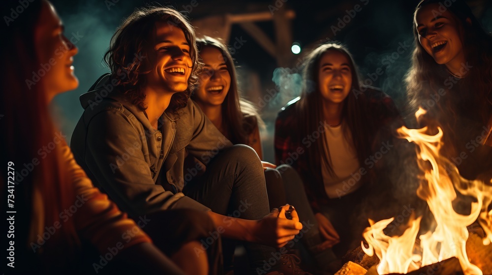A group of young people sit around a campfire and celebrate A group of young people sit around a campfire and celebrate