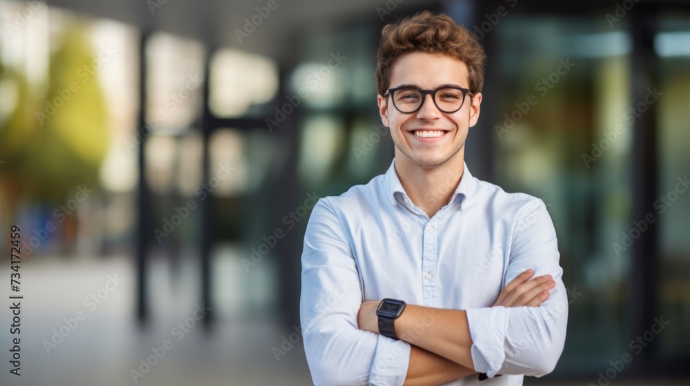 young student stands with folded arms in front of a building young student stands with folded arms in front of a building