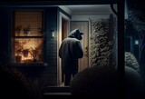 A burglar at night trying to break into a private house. A criminal thief sneaking into a residence at nighttime looking to steal. Criminal before committing the crime. generative ai