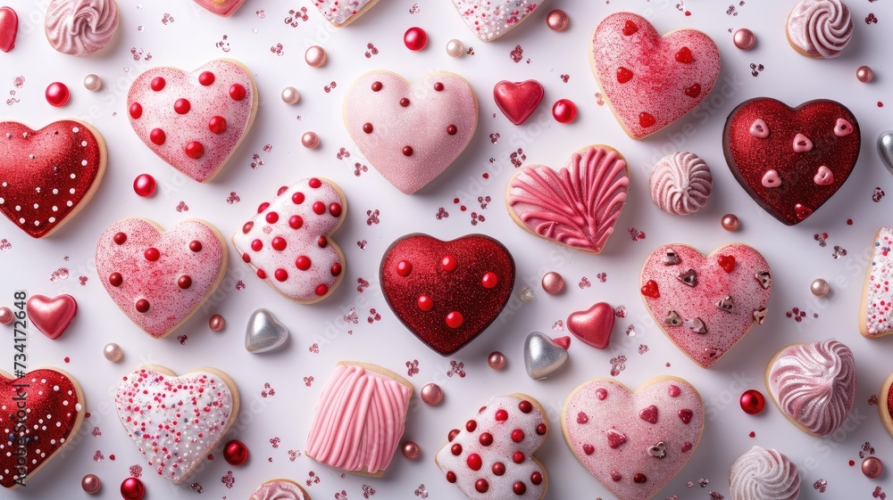 an array of themed candies and heart-shaped cookies, delicately embellished with pink and red icing, sparkling with edible glitter against a pristine white background.