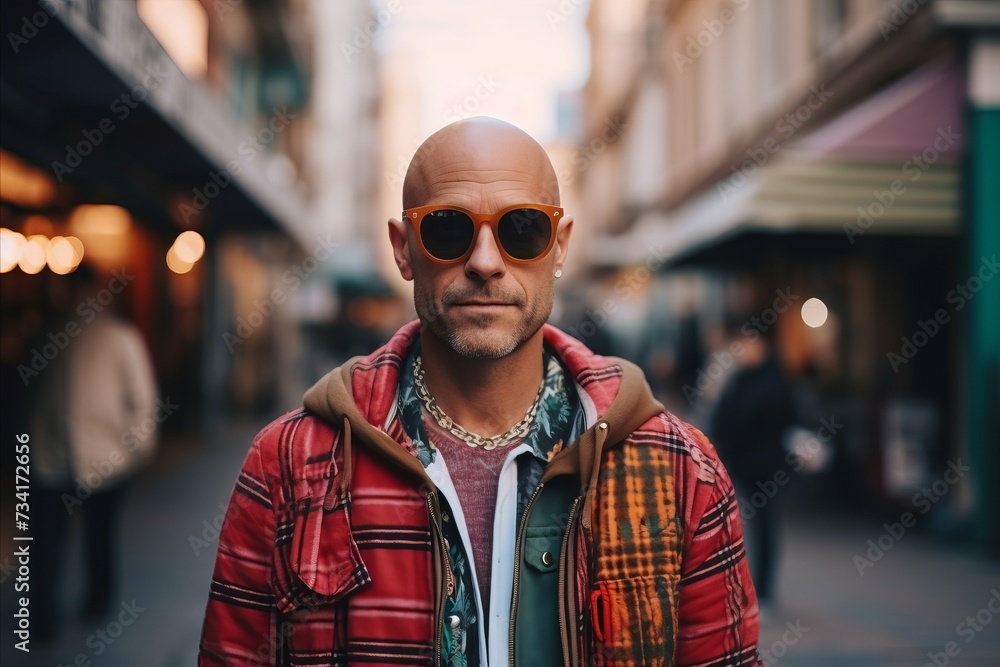 Portrait of a handsome bald man with sunglasses in the city.
