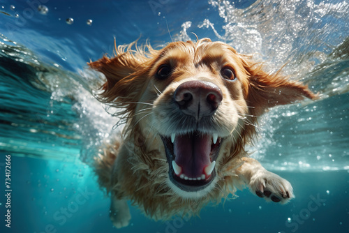  A dog enjoys a splash in the pool, creating laughter and waves.