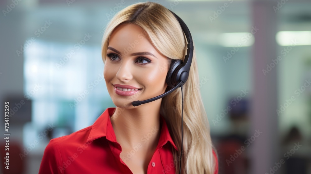 Pretty woman works in a customer center with headset, headphone and microphone Pretty woman works in a customer center with headset, headphone and microphone