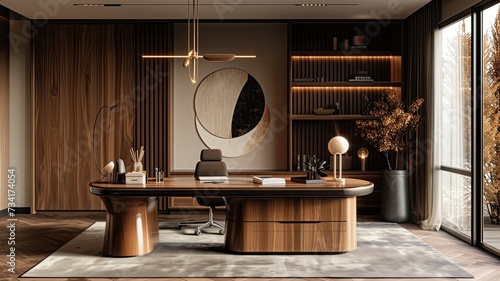 a sleek wooden home office  where functionality seamlessly intertwines with refined aesthetics  highlighting an expansive desk crafted from polished  natural wood as the centerpiece.