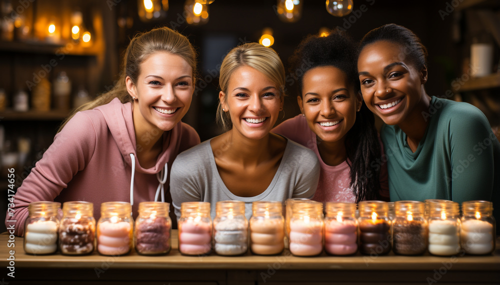 Smiling women in happiness, females celebrating, enjoying nightlife together generated by AI