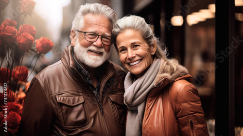 Elderly couple smiling together near a flower shop. Generative AI.