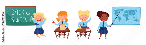 School Boy and Girl Pupil Character in Blue Uniform Vector Set