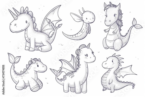 Magic fantasy creatures - cute Unicorn, Dragon, Dinosaur, Fairy and Mermaid, simple thick lines kids or children cartoon coloring book pages. Clean drawing can be vectorized
