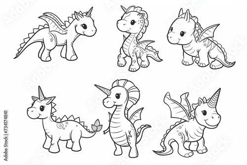 Magic fantasy creatures - cute Unicorn  Dragon  Dinosaur  Fairy and Mermaid  simple thick lines kids or children cartoon coloring book pages. Clean drawing can be vectorized