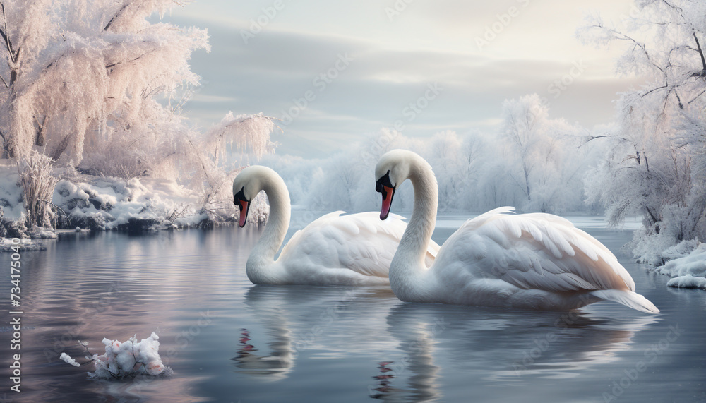 Fototapeta premium Majestic swan glides on tranquil pond, reflecting winter beauty generated by AI