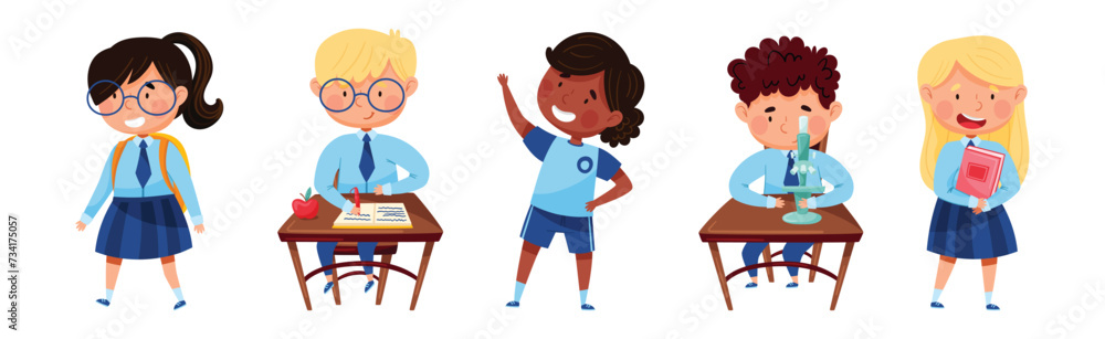 School Boy and Girl Pupil Character in Blue Uniform Vector Set