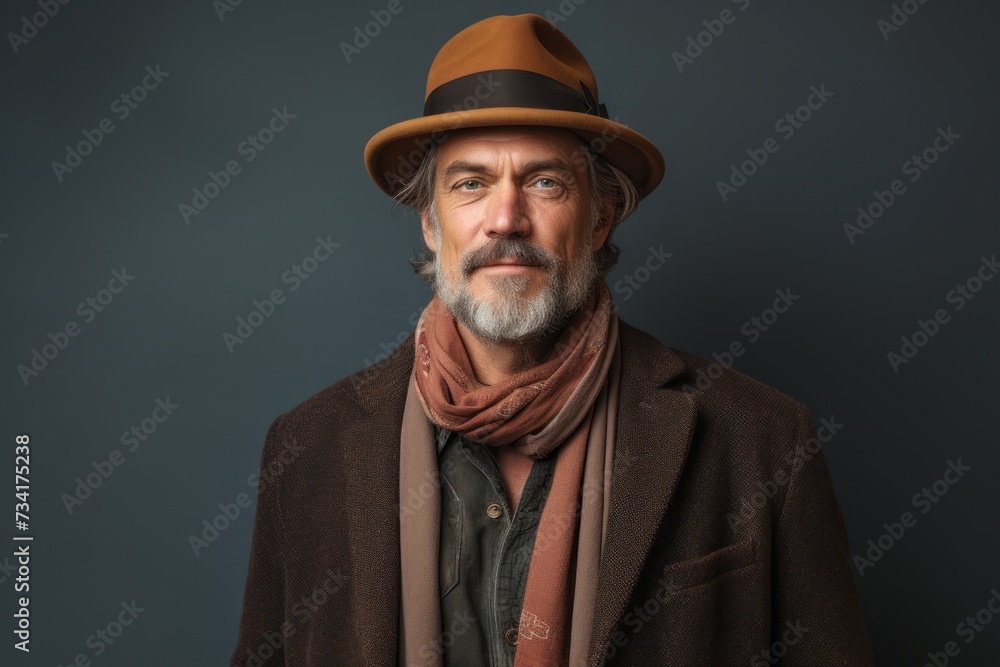 Portrait of an old man with a gray beard wearing a hat and scarf. Portrait of an old man with a gray beard wearing a hat and scarf.