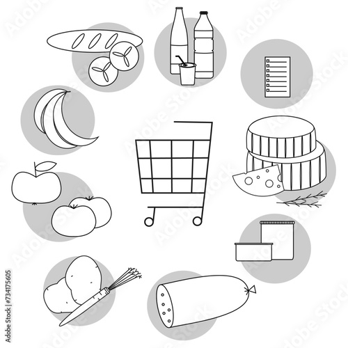 
set of 10 vector icons thin line icons for grocery shopping, for an app or website: bread and buns, bottles with drinks, cheese, sausage, check list, tomatoes and apples, potatoes and carrots, cans. 