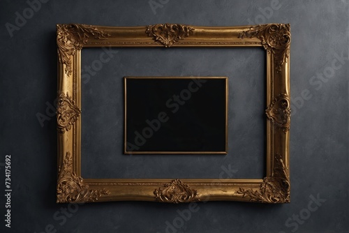 empty golden frame on a grey background mockup