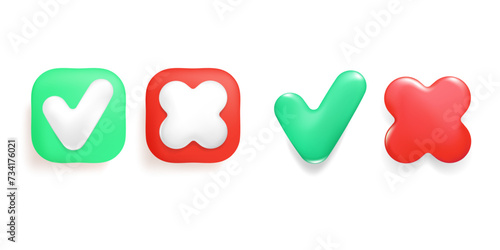 Approve and reject 3d buttons, right and wrong glossy icons. Consent and refusal symbols of acceptance, rejection.