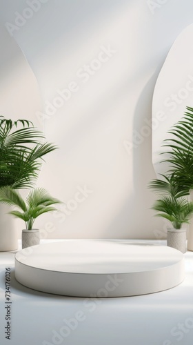 Abstract White Studio Background  Product Presentation in an Empty Room with Shadows of Window  Flowers  and Palm Leaves - 3D Space with Copy Space for Summer