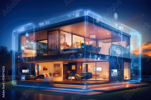 Digital composite of  smart House with network interface In the evening