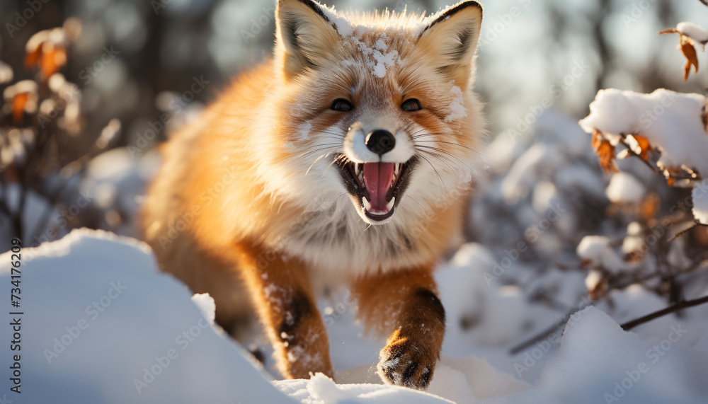 Cute puppy playing in the snow, looking at camera, sitting generated by AI Cute puppy playing in the snow, looking at camera, sitting generated by AI