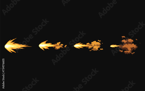 Gun flashes or gunshot animation. Collection of fire explosion effect during the shot with the gun. Cartoon flash effect of bullet starts. Shotgun fire, muzzle flash and explode