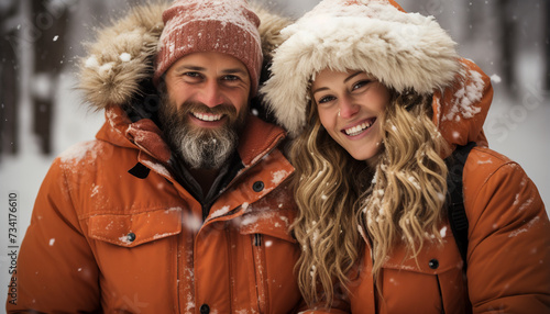 Smiling couple embraces outdoors, enjoying snow, love and happiness generated by AI