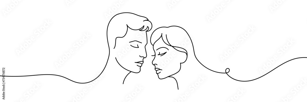 Continuous line woman and man showing love, vector illustration isolated