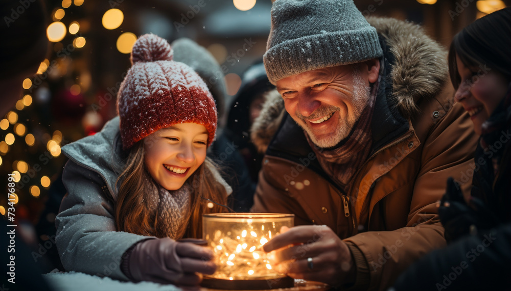 A joyful family embraces, smiling in the warm winter night generated by AI