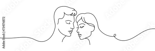 Continuous line woman and man showing love, vector illustration isolated
