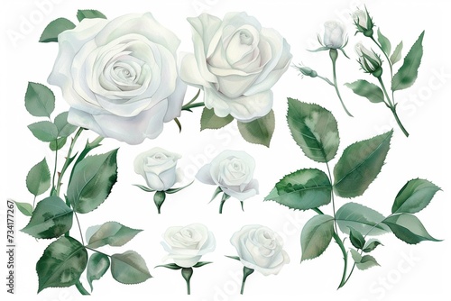 Set of watercolor on floral white rose branches. Wedding concept a white background #734177267