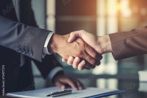 Lease rental and selling a home. Dealership manager hand, lease, rental and selling home. Dealership manager handshake customer to the new homeowner, Ai generated photo